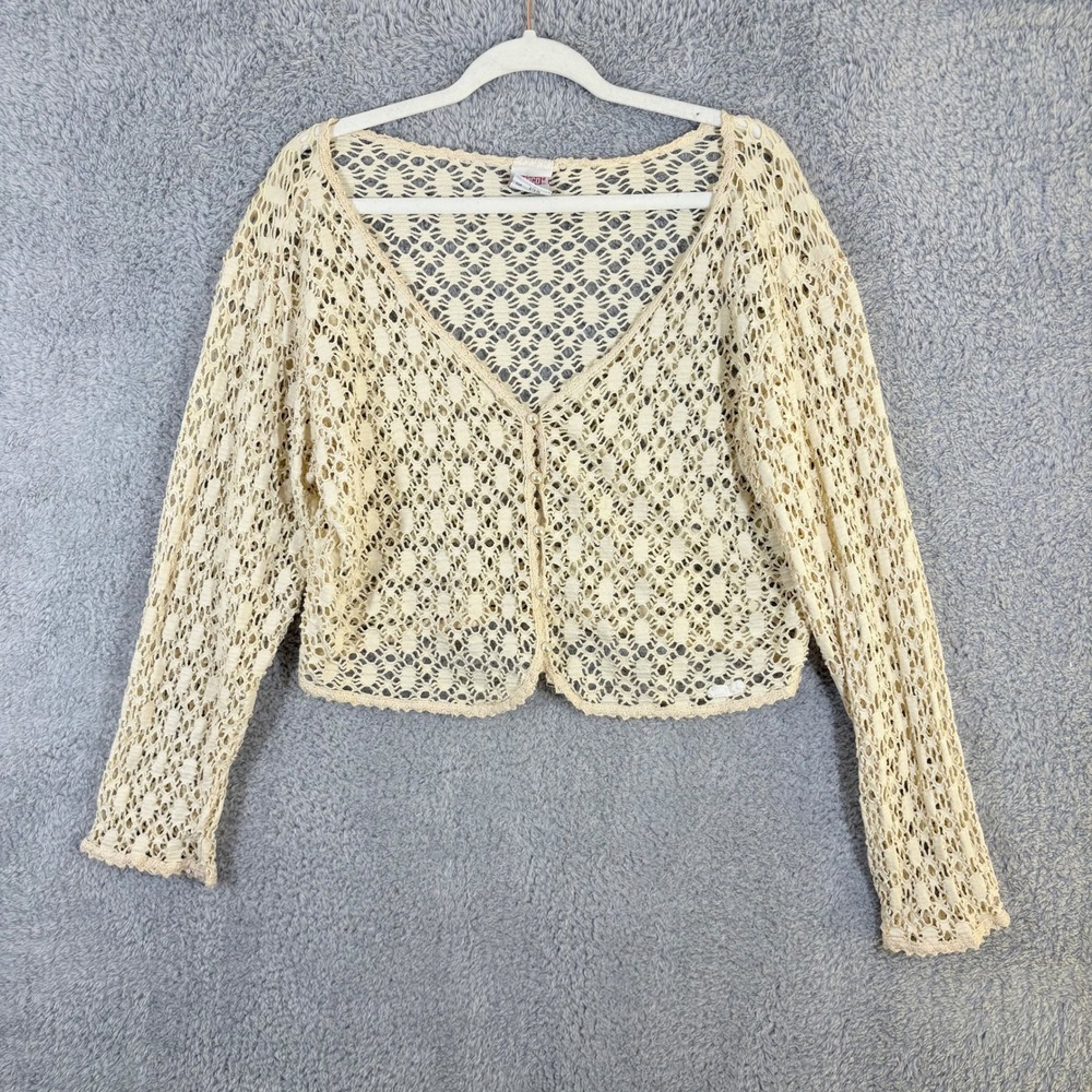 Vintage Bongo Cream Crochet Cropped Cardigan Sweater 100%‎ Cotton M USA Made 90s
